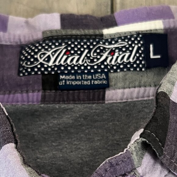 Alial Fital Men's L 4 Button Golf Polo Made in the US Gray w/Purple Check Collar - Picture 3 of 5